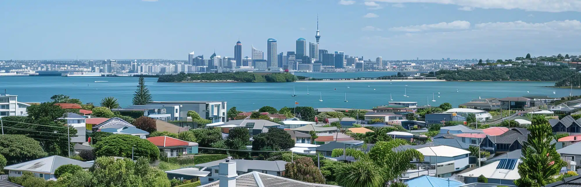 Overlooking a residential area & across the sea, a skyline view of Auckland city centre in the horizon on a sunny day