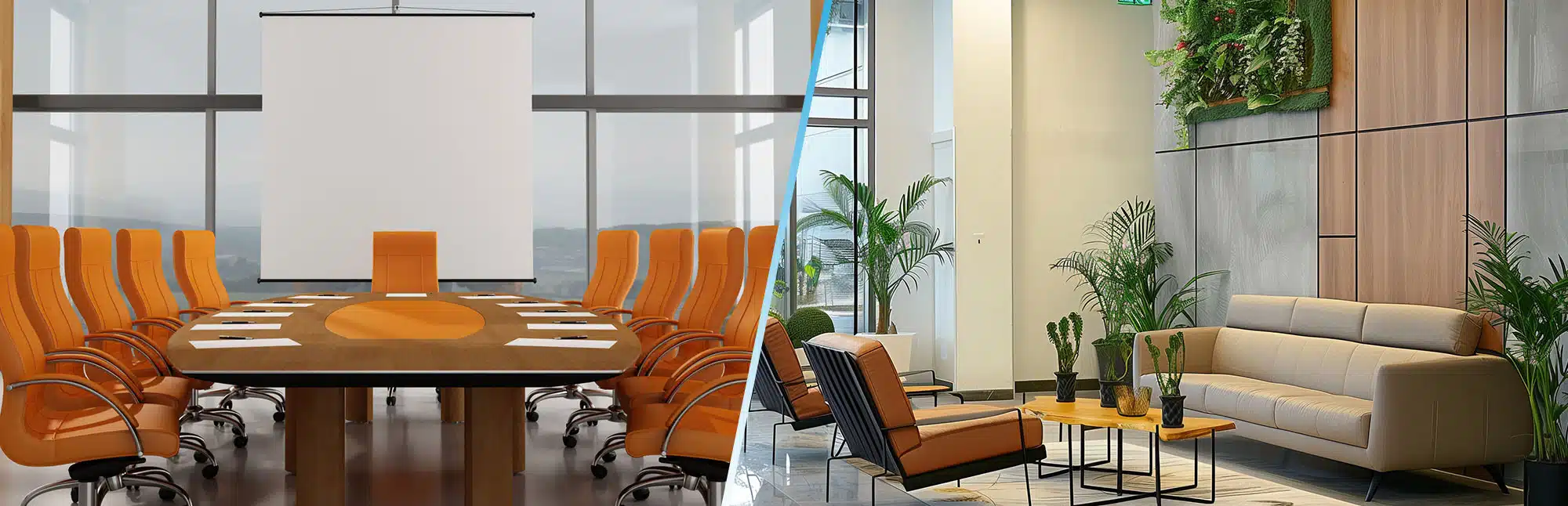 Left image: Empty interior of small meeting room with a table and chairs in an office, Right image: Empty waiting area of modern office with a  3 seater couch & a single seater chair with coffee table & plants on the walls