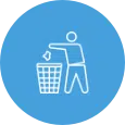 Icon: Blue circle with person throwing away rubbish into a rubbish bin