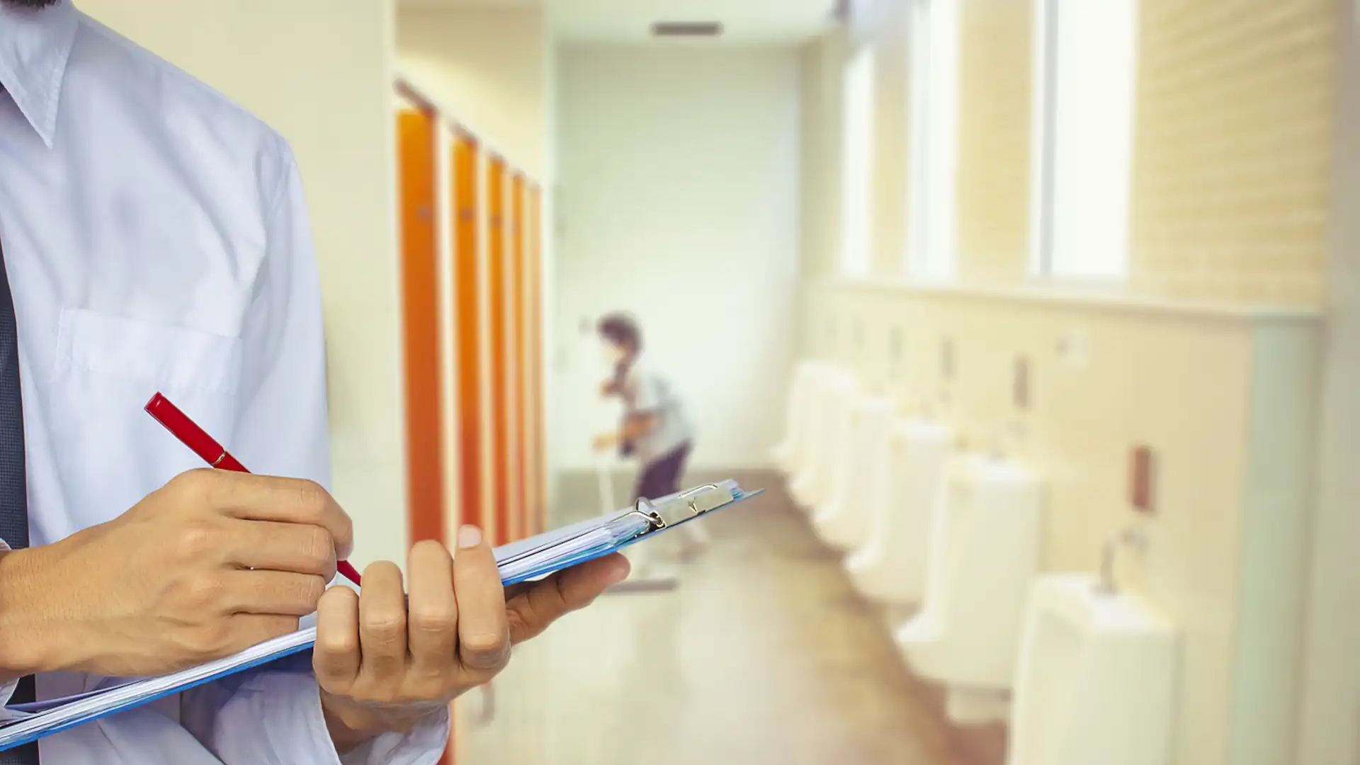 Man ticking off an office bathroom cleaning checklist