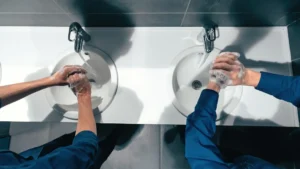 Two workers using office bathroom supplies in washroom - hand soap